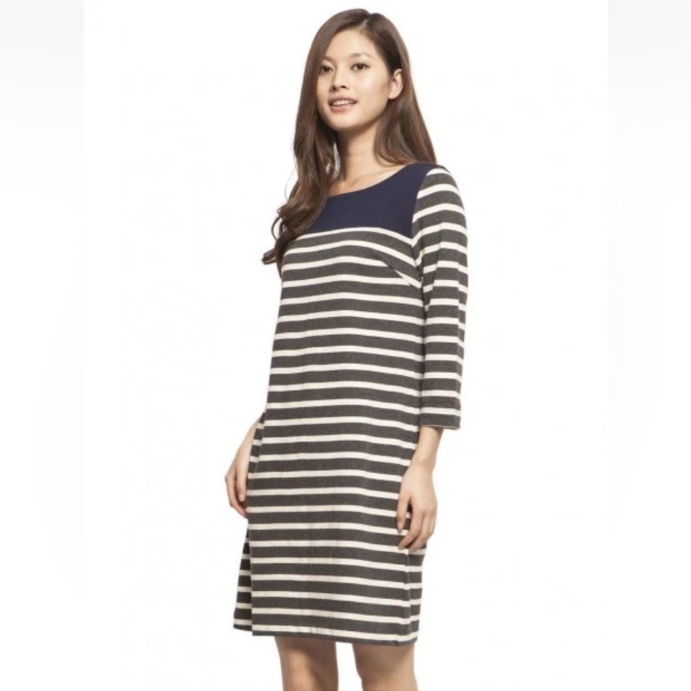 GAP Navy gray ivory striped casual Dress Sz XL cotton 3/4 sleeves - Picture 9 of 12